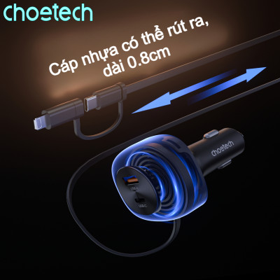 Tẩu sạc ô tô 75W Choetech TC0036 tích hợp cáp sạc rút Type C kèm đầu nối iP (Hàng chính hãng)