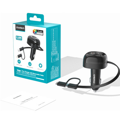 Tẩu sạc ô tô 75W Choetech TC0036 tích hợp cáp sạc rút Type C kèm đầu nối iP (Hàng chính hãng)