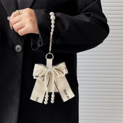 Ốp Lưng Cho Samsung Galaxy Z FLip 6 / Z Flip 5 / Z Flip 4 Smile Đính Đá Nơ To Bản Kèm Dây Ngọc Trai Cầm Tay Xinh Xắn