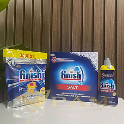 Combo Viên rửa bát Finish Quantum 60 viên hương chanh + Muối Finish 4kg + Nước làm bóng Finish 400ml hương chanh