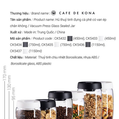 Hũ thủy tinh hút chân không bảo quản thực phẩm CAFE DE KONA