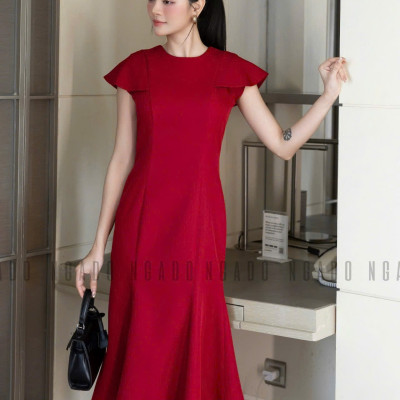 Đầm đỏ đuôi cá ngắn tay NGADO , đầm nữ , Đầm dự tiệc sang chảnh