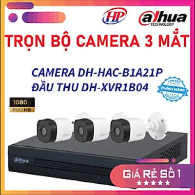 Trọn bộ 3 camera DH-HAC-B1A21P Đầu thu 4 cổng XVR1B04 đầy đủ phụ kiện, Hàng chính hãng