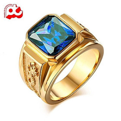 Nhẫn nam titan cao cấp thời trang chạm rồng 2 bên trangsucpt đá xanh dương thép không gỉ PTNNA252