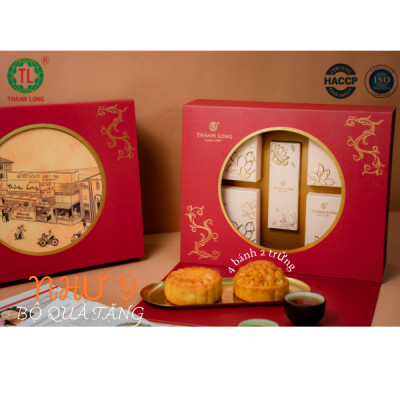 Hộp bánh trung thu cao cấp 4 bánh 2 trứng 220g - Như Ý - Thành Long 880g - tặng 1 hộp trà - Việt Nam