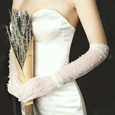 Găng tay trong suốt đính ngọc trai cho Cô dâu và Dạ hội, đi tiệc, sự kiện, lễ hội, chụp ảnh MS: 43645