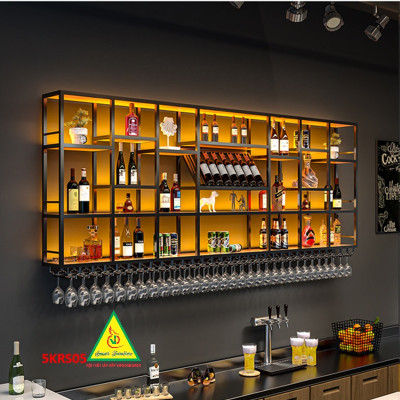 KỆ TRƯNG RƯỢU KHUNG SẮT – MẶT GỖ CÓ ĐÈN 5KRS05 - NỘI THẤT LẮP RÁP VIENDONGADV