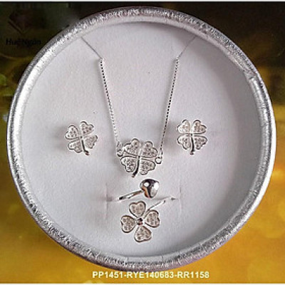 Combo dây chuyền, bông tai và nhẫn bạc Ý 925 Huệ Ngân - Cỏ bốn lá may mắn PP1451-RYE140863-RR1158