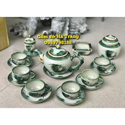 Bộ ấm chén vẽ hoạ tiết cá Ấm cách điệu gốc cây Gốm sứ Bát Tràng cao cấp