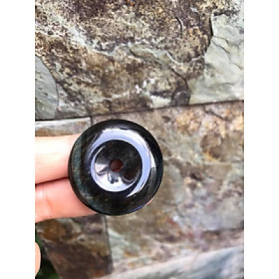 Mặt Dây Chuyềnn Đồng Tiền Điếu đá mắt hổ đen xanh xíu vàng tự nhiên  size 33mm x dầy 8,5mm  Nam mệnh Thủy Mộc 