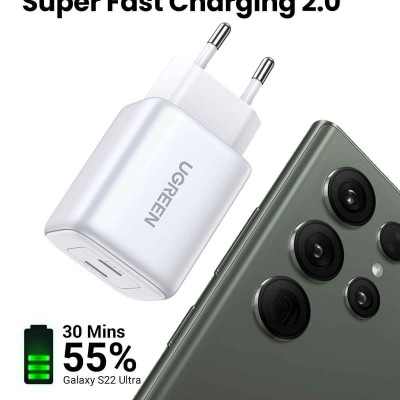 Ugreen UG15327CD294TK 45W 2C GaN chuẩn cắm EU chân tròn Màu Trắng Củ sạc nhanh 2 cổng USB-C - HÀNG CHÍNH HÃNG