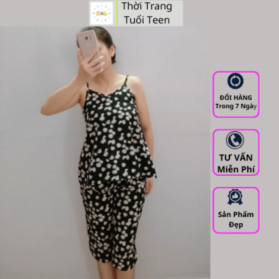 Bộ đồ ngủ 2 dây đồ mặc nhà đẹp quần lửng qua gối chất lụa mềm mịn mặc mát giặt máy không nhăn - DN02