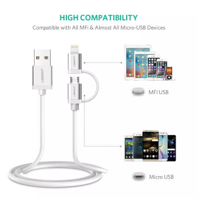 Ugreen UG30669US165TK 1M màu Bạc Cáp sạc đa năng USB sang MicroUSB + Lightning - HÀNG CHÍNH HÃNG