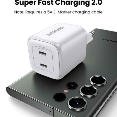 Ugreen UG15327CD294TK 45W 2C GaN chuẩn cắm EU chân tròn Màu Trắng Củ sạc nhanh 2 cổng USB-C - HÀNG CHÍNH HÃNG