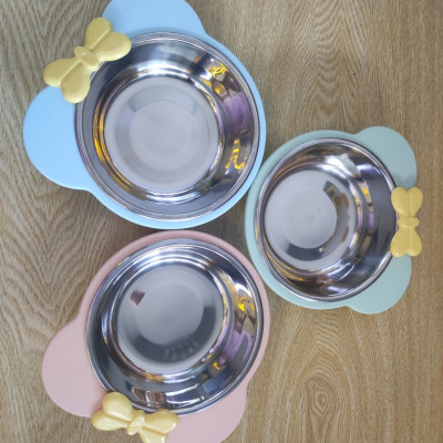 Bát Ăn Đơn Cho Có Mèo Hình Nơ Kèm Chén Inox - YonaPetshop