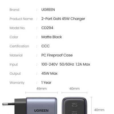 Ugreen UG90573CD294TK 45W 2c Nexode Củ sạc nhanh 2 cổng USB-C kiểu mini Màu Xám - HÀNG CHÍNH HÃNG