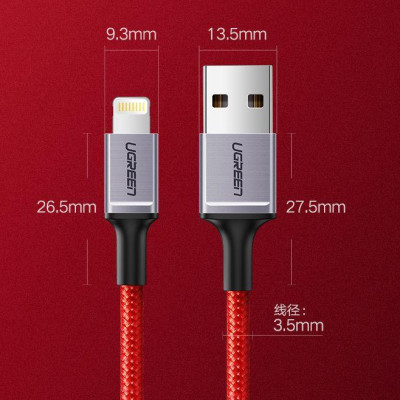 Ugreen UG80635US293TK 1M màu đỏ cáp Lightning ra USB có chíp MFI chính hãng - HÀNG CHÍNH HÃNG