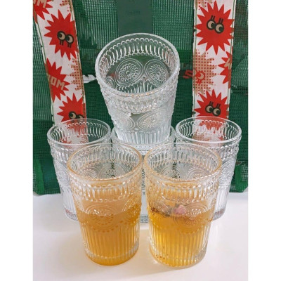 Bộ 6 ly thủy tinh chịu nhiệt cao cấp dùng uống nước hoặc rượu tây vân trống đồng trắng không viền vàng 365ml