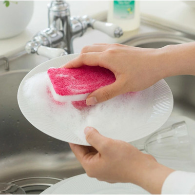 Combo bát nhựa tròn họa tiết hoa anh đào Ø11×6.5cm + miếng bọt biển nhà bếp - made in Japan