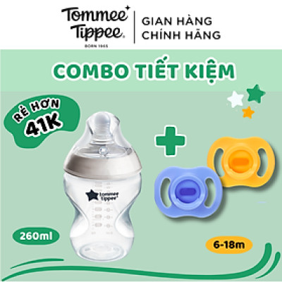 COMBO Ty Ngậm Silicon Siêu Nhẹ Tommee Tippee Ultra Light 6-18m & Bình Sữa Ty Siêu Mềm Tommee Tippee Natural Start 260ml
