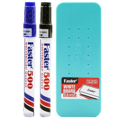 Vỉ 2 Bút Lông Bảng Faster 500 Mực Xanh Và Đen + Đồ Bôi Bảng - Faster WBE-F-SET6-BLBK (Mẫu Màu Giao Ngẫu Nhiên)