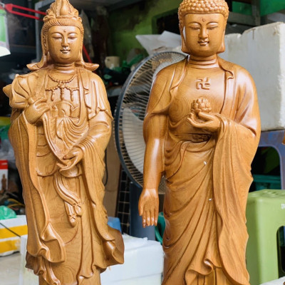 Bộ tượng phật tam thánh bằng gỗ bách xanh thơm nức kt cao 40×12cm