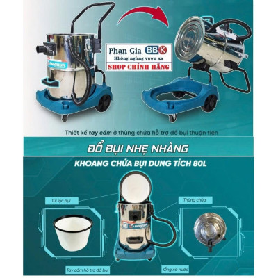 Hàng chính hãƞg, Máy Hút Bụi Công Nghiệp -Văn Phòng-Xưởng NAKAWA 80 Lít, Công Suất 4800W, Hàng chính hãƞg, BH 1 năm