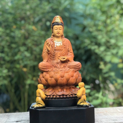 Nhất tâm bái phật phật bà quan âm bồ tát bằng gỗ hương đá làm mầu giả cổ kt cao 35×20×18cm