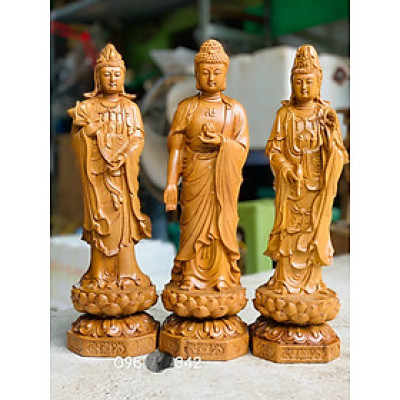 Bộ tượng phật tam thánh bằng gỗ bách xanh thơm nức kt cao 50×15×15cm