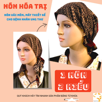 Nón hóa trị vải mềm mát, hút mồ hôi, bệnh nhân ung thư, chemo hat, cancer hat, nón trùm đầu, mũ vải [KIỂU ĐUÔI XÒE-CAM ĐEN HỌA TIẾT]