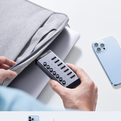 Ugreen UG90307CM481TK hub ra 7 cổng USB 3.0 + Adapter 12v-2A có hỗ trợ truyền dữ liệu và sạc có kèm dây USB type C chuẩn cắm EU chân tròn Bộ chia Màu Xám - HÀNG CHÍNH HÃNG