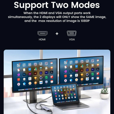 Ugreen UG15601CM498TK USB type C sang 1 x HDMI 4K30hz + 1 x VGA xuất cùng lúc + 1 x RJ45 1Gbps + TF + SD + 3 x USB 3.0 + 1 x 3.5mm NO MIC + 1 x USB-C PD 100W Bộ chuyển 10in1 - HÀNG CHÍNH HÃNG