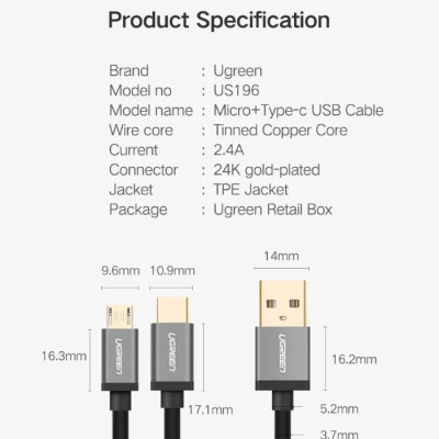 Ugreen UG30573US196TK 1.5m màu xanh Cáp dữ liệu USB 2trong1 micro + Type-C truyền dữ liệu từ máy tính ra điện thoại - HÀNG CHÍNH HÃNG