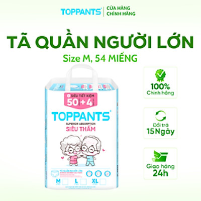 Tã/Bỉm Quần người lớn TOPPANTS Siêu Thấm, Chống Trào, Kháng Khuẩn Size M/L/XL (54 Miếng)