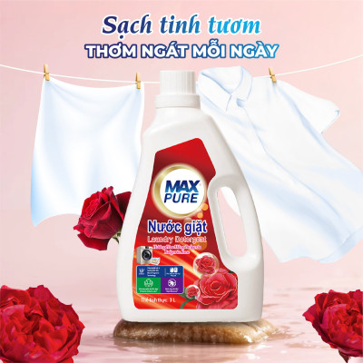 Chai nước giặt Maxpure Hương Hoa Hồng Bulgaria 3L - TẶNG 1 dây 10 gói nước xả hương CoCo