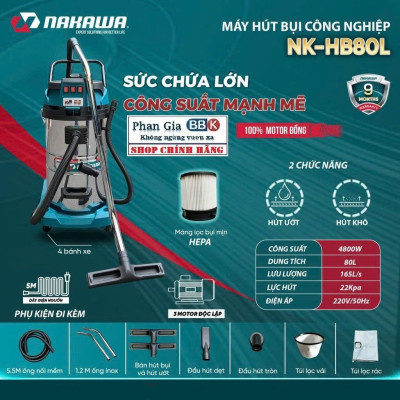 [chính hãƞg] Máy Hút Bụi Công Nghiệp Nakawa 80L - Hút Khô Ướt, Thổi Bụi - Dây Đồng 100% (Bảo hành 1 năm)