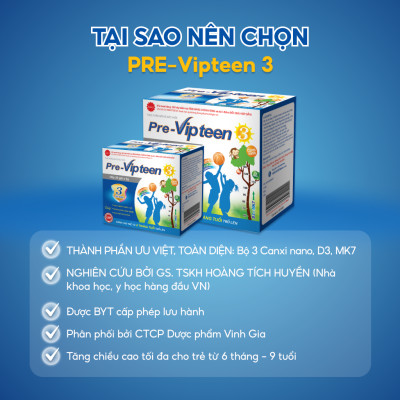 Cốm Bổ Sung Canxi Hỗ trợ Tăng Chiều Cao Pre-Vipteen 3 VINH GIA Dành Cho Trẻ Từ 6 Tháng Tuổi Hộp 20 Gói