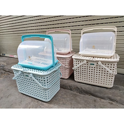Combo khay kệ úp bình sữa và Giỏ làn đựng đồ đi sinh cho mẹ và bé bằng nhựa cao cấp quai giữa có nắp đậy Hàn Quốc