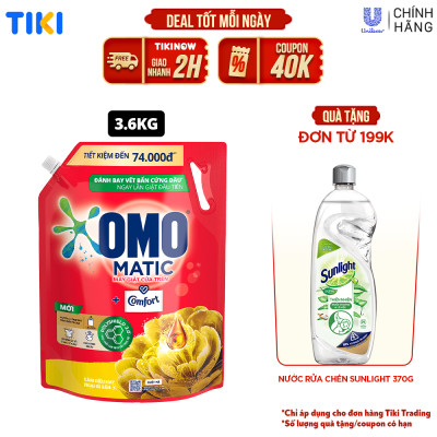 Túi Nước Giặt Omo Matic Comfort Cho Máy Giặt Cửa Trên Hương Tinh Dầu Thơm Xoáy Bay Vết Bẩn, Hương Thơm Bền Lâu 3.6Kg
