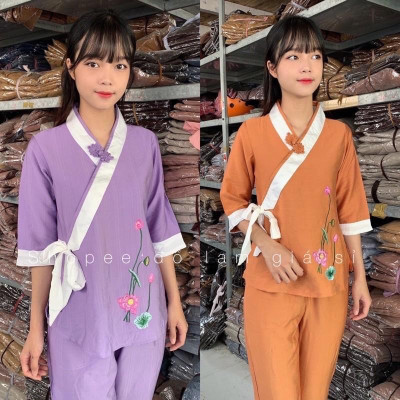 Đồ Lam Đi Chùa Xéo Nơ Hoa Cúc 1 Nút Thắt