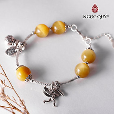 Vòng tay đá mắt hổ vàng tâm mix charm bạc túi tiền & thiên thần tình yêu mệnh thổ , kim - Ngọc Quý Gemstones