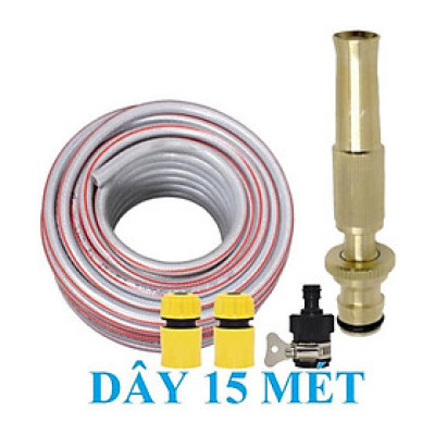 Bộ dây vòi xịt nước rửa xe, tưới cây đa năng, tăng áp 3 lần, loại 15m 206701-1 đầu đồng,cút,nối đen+ tặng đai