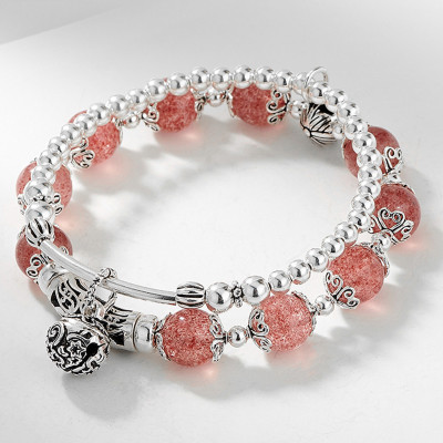 Vòng 2 line đá thạch anh dâu phối charm bạc mệnh hỏa, thổ - Ngọc Quý Gemstones