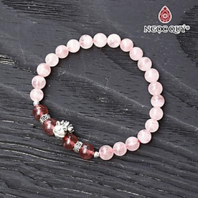 Vòng thạch anh hồng phối thạch anh dâu charm hồ ly 9 đuôi bạc - Ngọc Quý Gemstones