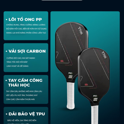 Vợt Pickleball Carbon T700 Pro mặt vợt phủ cacbon, khối lượng siêu nhẹ mặt nhám bám bóng 16mm - PK07