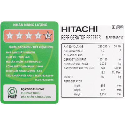 Tủ lạnh Hitachi Inverter 540 lít R-FW690PGV7 GBK