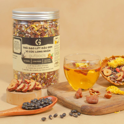 Trà gạo lứt đậu đen vị Cúc Long nhãn GUfoods (hũ 500g) - Tinh thần thoải mái - Tự nhiên - Lành mạnh