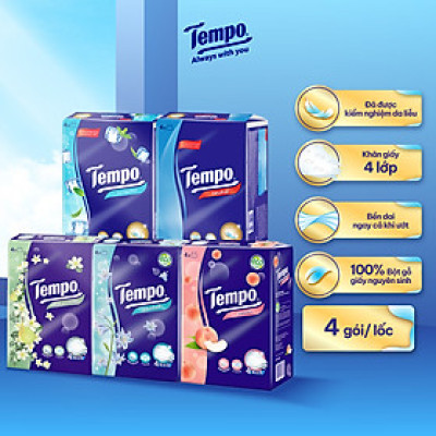 Lốc 4 Gói Khăn Giấy Cao Cấp Tempo Softpack Không Mùi, 4 Lớp, Không Gây Kích Ứng Da (90 Tờ/ Gói) - Thương Hiệu Đức