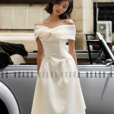 Đầm bẹt vai phối voan kem NGADO, Đầm dự tiệc sang chảnh, Đầm hở vai