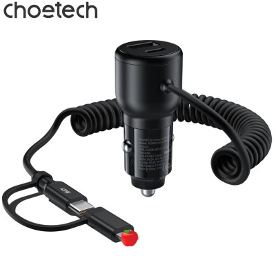 Tẩu sạc nhanh 2 cổng trên ô tô 110W Choetech TC0038 tích hợp cáp lò xo Type C kèm đầu nối IP dài 1.5M (Hàng chính hãng)